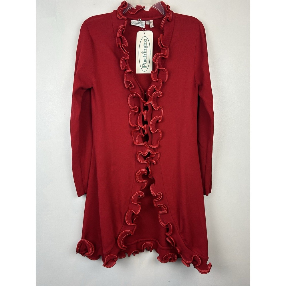 Vintage Red Cardigan Sweater Womens Size Medium Ruffle Knit Faux Leather Trim
